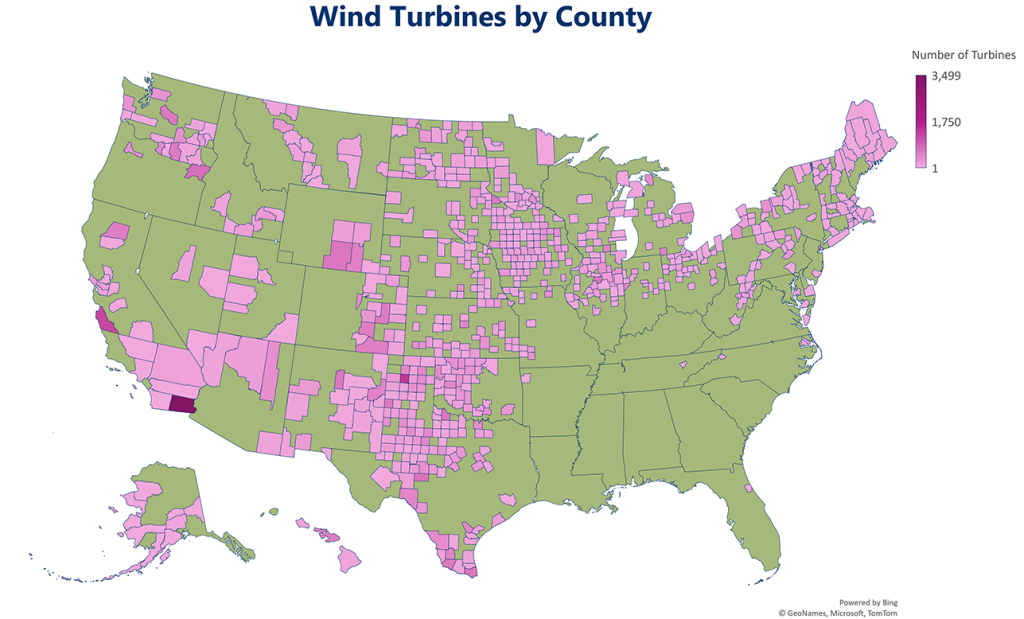 A map of the United States shows the number of wind turbines