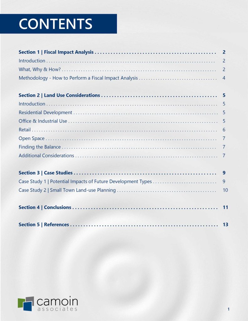 Fiscal Impact Analysis white paper table of contents