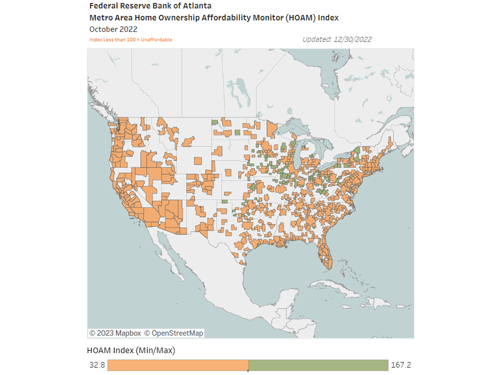 A map of the United States shows Homeownership Affordability Index rates for major metropolitan areas