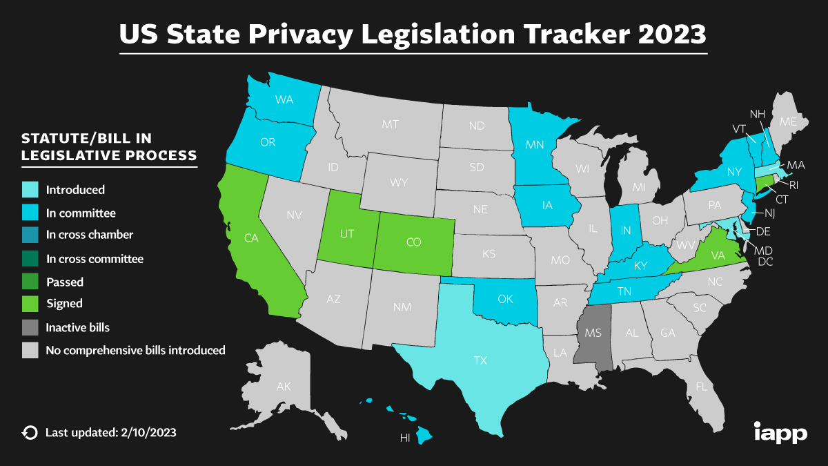 A map showing states where data privacy legislation has been introduced, is in process, or has been passed and signed by governors in 2023